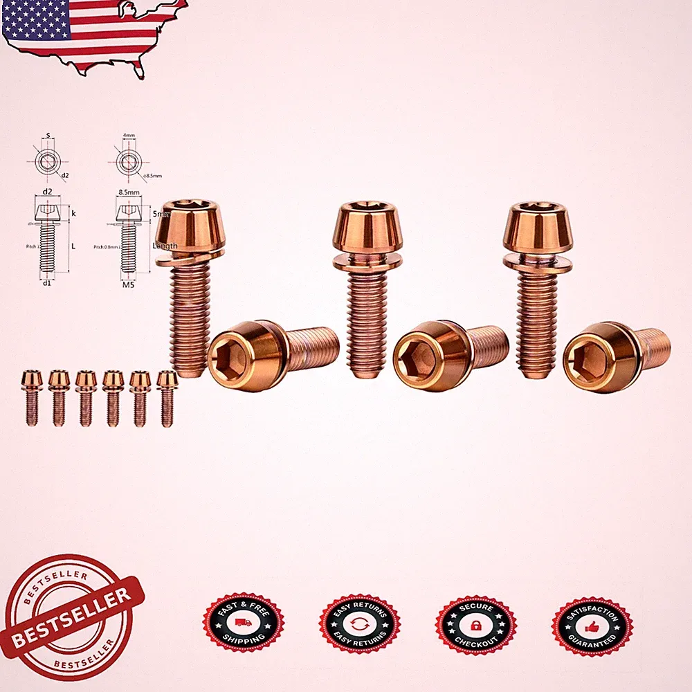 Titanium M5x16mm Bicycle Stem Bolts 6pk Bronzed Tapered Hex Washer High Strength